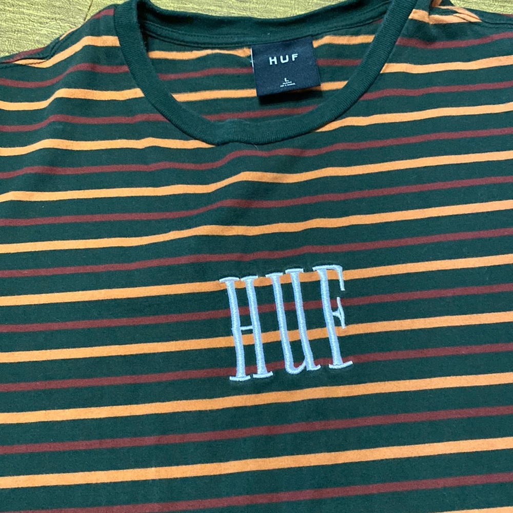 Green and Orange Striped Embroidered HUF T Tee Shirt